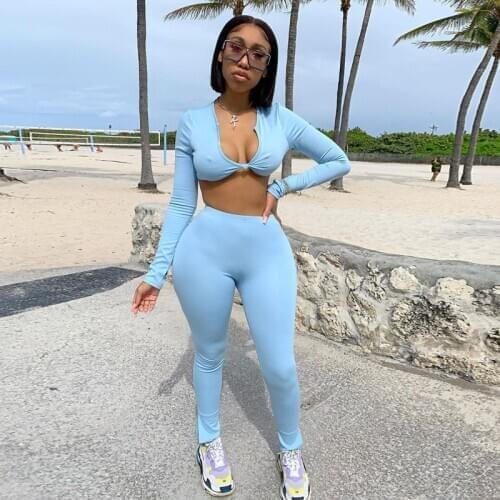 Hirigin 2020 Fall Sporty Sexy 2 Piece Set Women V Neck Long Sleeve Crop Tops and Pants Tracksuits Casual Outfits