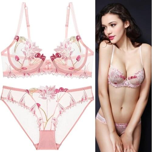 Summer Sexy Lace Lingerie Cherry Embroidery Underwear Ultra-Thin Sheer Through Mesh Temptation Plus Size Bra And Panty Set