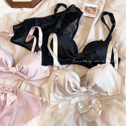 Sweet Satin Detachable Bow Wire Free Seamless Young Girls Lingerie Suit Push Up Bralette Women Sexy Bra Set Pure Color Underwear