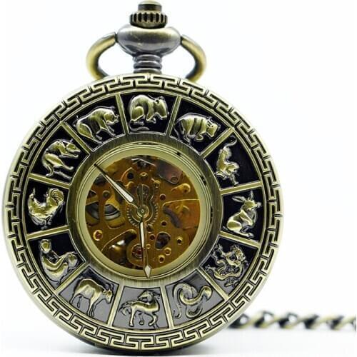 Antique Skeleton Men Hand Wind Fob Chain Clock Fashion Hollow Animals Pattern Mechanical Pocket Watch PJX1273