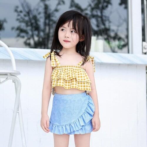 New Girls Two Piece Swimsuit Baby Skirt Swimwear Child Bandage Bow Bathing Suit Cute Maiden Beachwear Ruffle Skirt Bikini 1-14Y