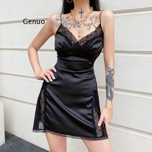 V Neck Satin Strap Sexy Black Dress Women Lace Patchwork Backless Summer Dress Mini Side Split Ladies Dresses Fashion