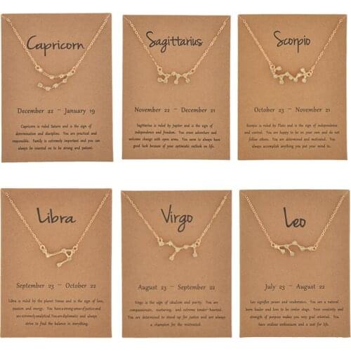 12 Constellation Pendant Gold Necklace Birthday Gift Wish Card for Girlfriend Aries Leo Sagittarius Aquarius Capricorn Scorpio