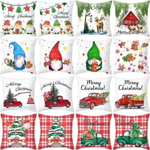 Merry Christmas Cushion Cover Cartoon Colorful Painting Pillow Case White Polyester Sofa Pillowcase Decoration 45X45cm