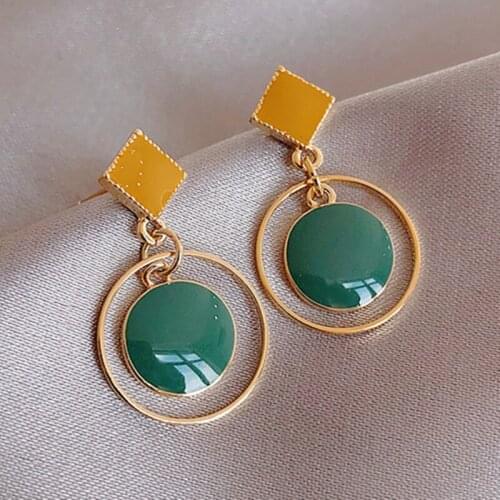 Korean Style Temperament Green Color Enamel Geometric Round Short Drop Earrings for Women Valentines Day gift Boucles d'oreille