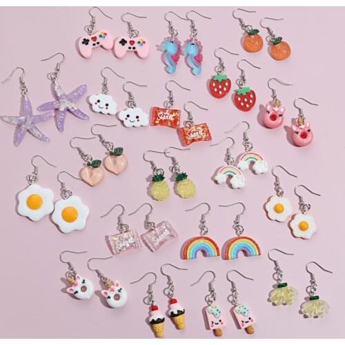 1Pair Lovely Colorful Handmade Resin Dangle Earrings Egg Starfish Peach Strawberry Rainbow Eardrop For Women Girls Gifts Jewelry