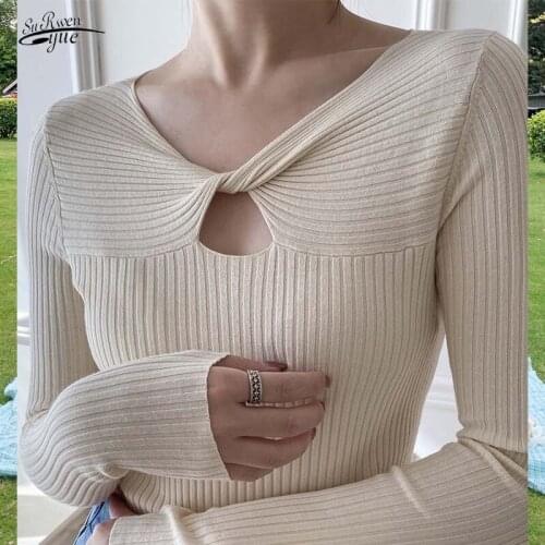 Office ladies chic hollow hanbok 2020 fall slim solid color wool winter v-neck sweater womens sexy knitting 10806