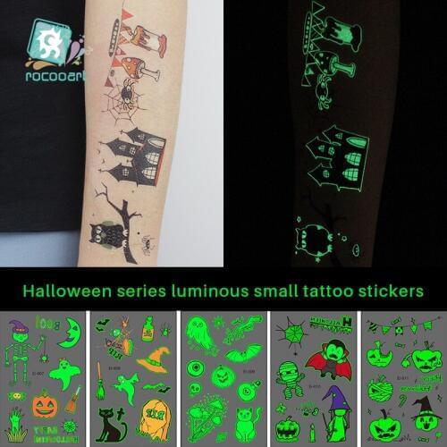 Rocooart Halloween Luminous Tattoo Pumpkin Head For Kids Bat Fake Tatoo Glowing in Dark Waterproof Temporary Tattoo Stickers