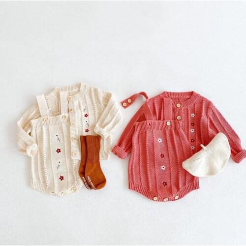 Knitwear Baby Girls Sweater Romper Autumn Newborn Baby Onesie Embroidery Cotton Infant Girls Romper Cardigan + Jumpsuit Flower