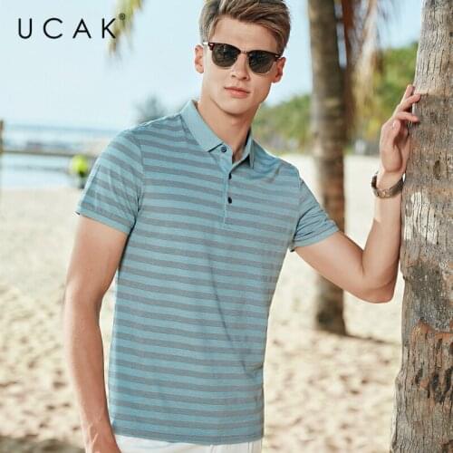 UCAK Brand Classic Turn-down Collar Striped T-Shirt Men Clothes Summer New Fashion Style Streetwear Casual Cotton Tee Tops U5593