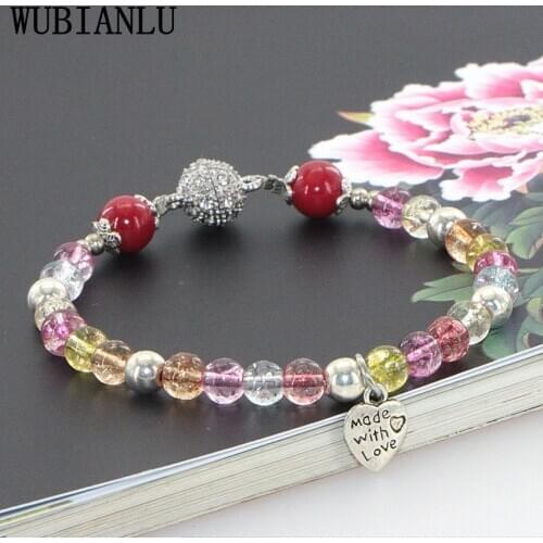 WUBIANLU 8mm Popcorn Crystal Bead Rhinestone Magnet Buckle Heart-Shaped Pendant Bracelet For Women In Charm Bracelets Jewelry