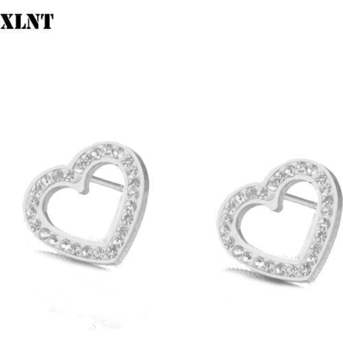 XLNT Classic Zirconia Crystal Heart Earrings for Women Girls Gift Stainless Steel Stud Earrings