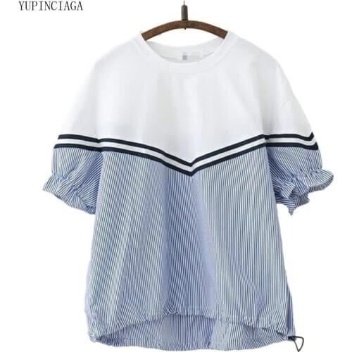 2020 Summer T Shirts Japanese Mori Womens Retro Contrast Color Striped Trumpet Sleeve T shirt Female Half-sleeved Tops Tees