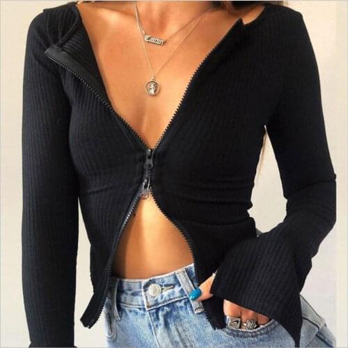 Autumn Tie Dye Print Double Zippers T Shirt Women Ribbed O Neck Sexy Split Knitted T-shirt Fashion Streetwear Ladies Tee Tops