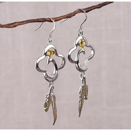 S925 Silver Craft Women Fashion Silver Gilded Peacock Phoenix Feather Tassel Earrings Earrings