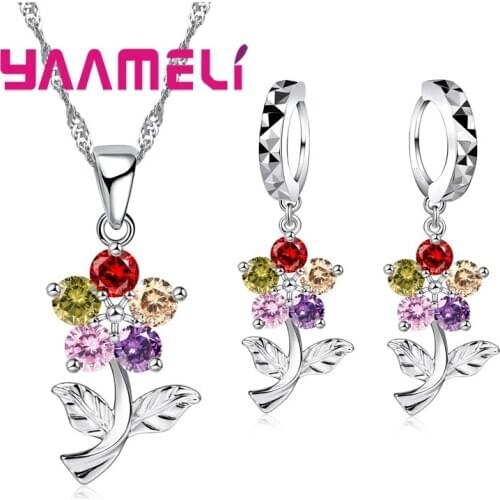 Women Bridal Jewelry Sets Shining 925 Sterling Silver AAA Cubic Zircon Stone Inlay Paved Flower Charms Necklace Earrings
