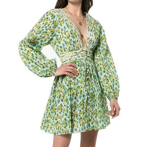Autumn Lemonade Acid Floral print developed Green Mini Dress Women Deep sexy v-neck pleated Accordion fold design Clothing