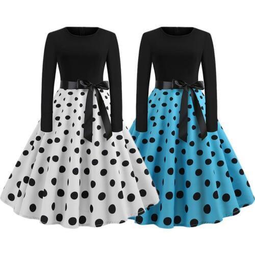 New Women Fashion Round Neck Temperament Dress Vintage Long Sleeve Sexy Polka Dot Printing Dress Hot Sale 2019