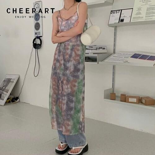 CHEERART Tie Dye Mesh Maxi Sheer Slip Dress For Women 2021 Summer Spaghetti Strap See Through Long Dress Designer Clothes