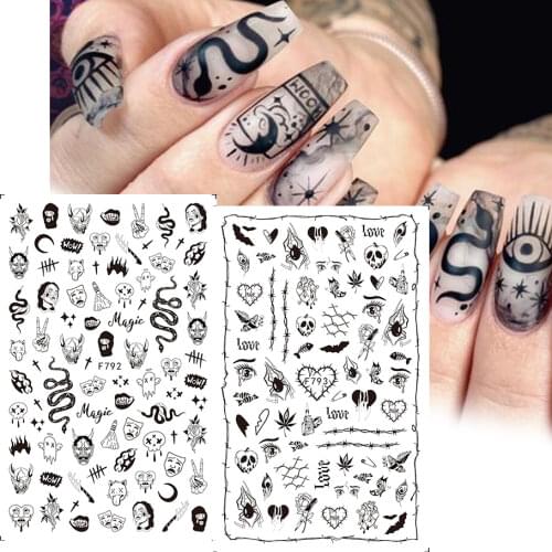 1Sheet Black Snake 3D Nail Art Decals Sticker Halloween Eyes Clown Blood Scratches Adhesive Polish Slider Nail Tattoo JIF792-801