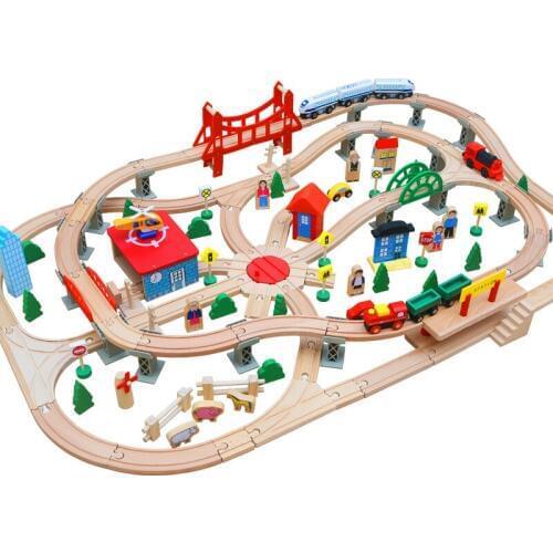 2019 new 130pcs increase Montessori wooden track train children simulation large stereo cartoon wooden parking lot toy set lane