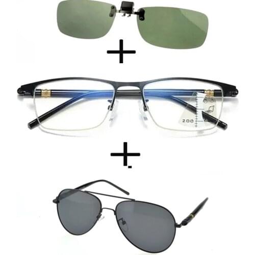 3Pcs!! Progressive Far and Near Business Reading Glasses Men Women + Polarized Sunglasses Pilot Double Bridge + Sunglasses Clip
