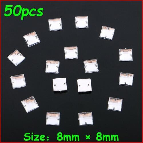 50pcs/lot 8mm*8mm White Shiny Square Sew On 2 Holes Rhinestone Crystal Stone Women DIY Jewelry For Wedding Dress Clothes Garment