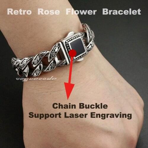 Punk Retro Fashion Bangle Men Solid 316L Stainless Steel Cool Bikers Rose Flower Bracelet 4R013 -- 7.1"~10.8"