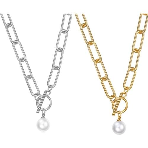 Fashion Pearl Lock Chain Necklace New Trendy Gold Stainless Steel Chains Pearl Pendant Necklaces for Women Punk Jewelry collares
