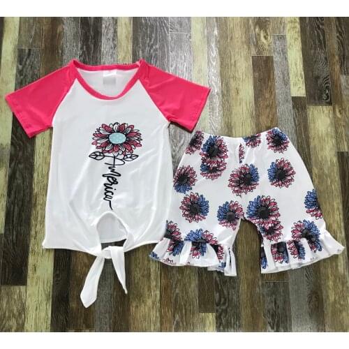 Kids Summer Clothing little girls Fourth of July sunflower tie top and lace shorts suit