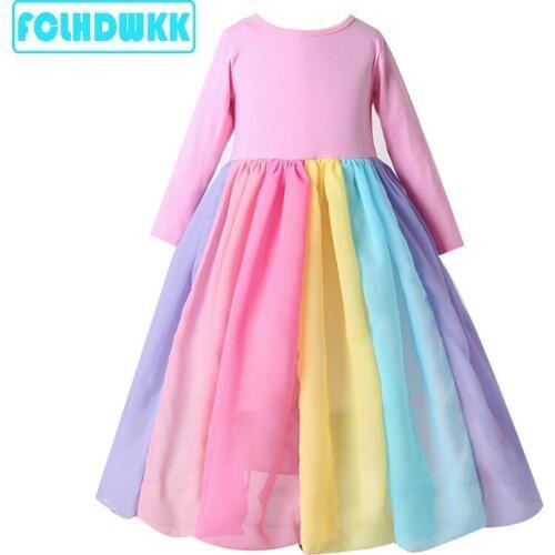 Kids Long Sleeve girl party dress for Girls spring Dress rainbow Birthday Tutu Dresses Children Casual Wear 3 6 8 Years Vestidos