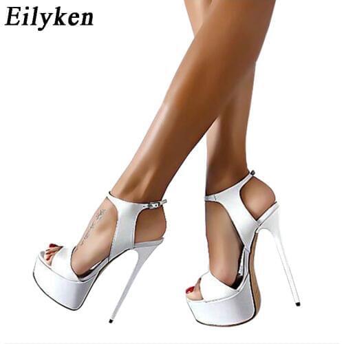 Eilyken Women Sandals Gladiator Party Ankle Strap Patent Leather Concise Ultra Very High heel Pumps 16CM Fetish Sandals shoes 46