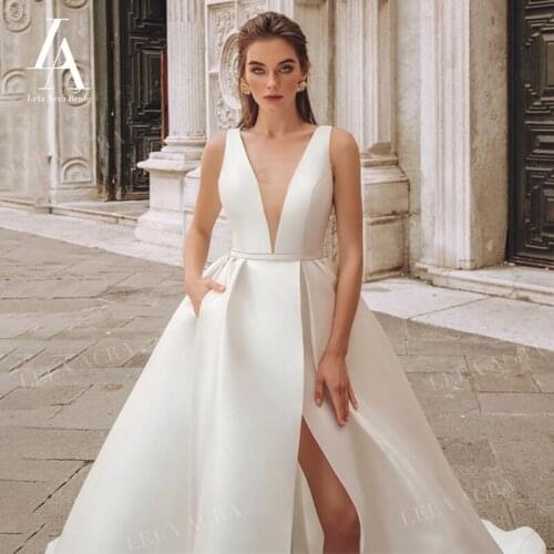 Elegant V-neck Satin Wedding Dress 2021 New Fashion A-Line Pockets Princess LelaAcra RY20 Bridal Customized Vestido De Noiva