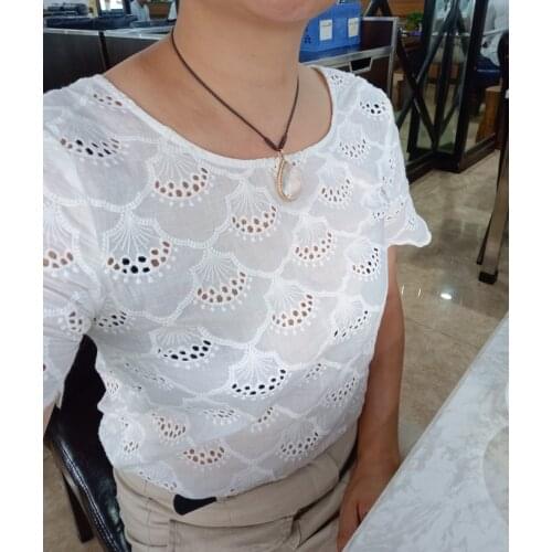 Elfbop Ladies Cotton White/Black Hollow Out Embroidery Top With Short Sleeve & Buttoned V Back