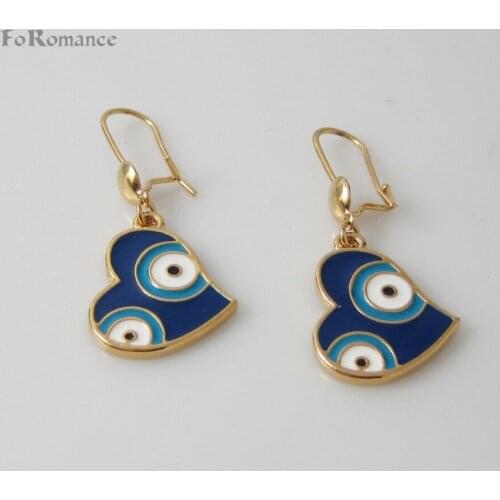 Foromance/- YELLOW GOLD GP HEART SHAPE ENAMEL WITH EYES EVIL 1.77" DANGLE EVIL EYE EARRING TURKISH TURKEY STYLE