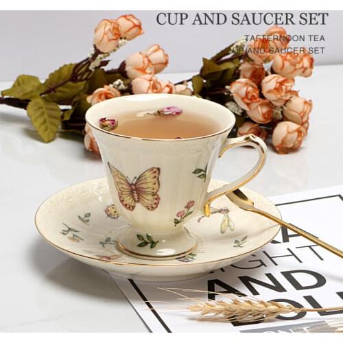 Retro Butterfly Coffee Cup And Saucer Ceramic Tea Cup Luxury Afternoon Tea Cups Home Set Milk Cups With Spoon Water Mug Tazas