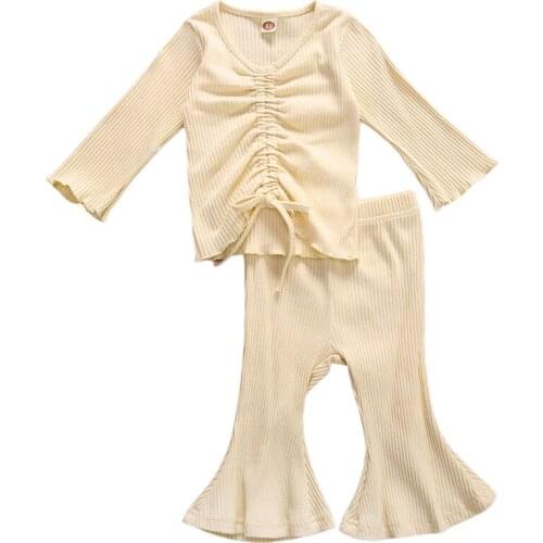 2 Pcs Baby Girls Top Pants Suit Ruched Bow Bandage Full Length Regular Sleeve Round Neck Solid Color T-shirt Flare Trousers Sets