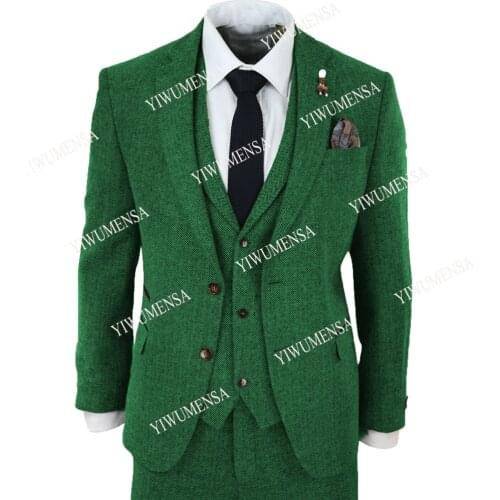 Classic Green Tweed Tailor-Made Suits For Business Mens Tuxedos Herringbone 3 Pieces Set Jacket+Vest+Pants Slim Fit Blazer 2021