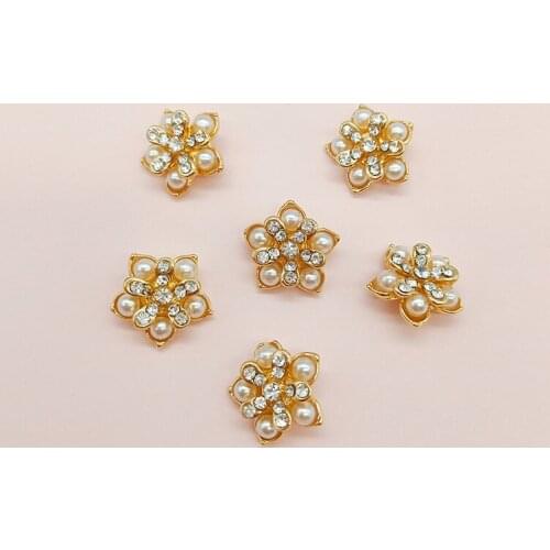 10 PCS 16x17mm Metal Alloy KC Gold Crystal Rhinestone Imitation Pearl Flowers Buckle DIY Jewelry Accessories