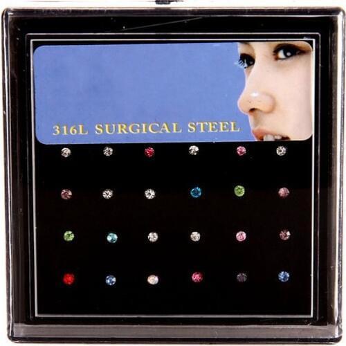 MISANANRYNE 24pcs Crystal Nose Ring Studs Body Women Girl Jewelry Stainless Surgical Steel Nose Piercing Colorful Rhinestone