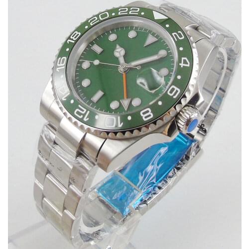 40mm Sapphire Glass Green Face Automatic Mens Watch Orange GMT Function Date Magifier SS Strap Bracelet Clasp