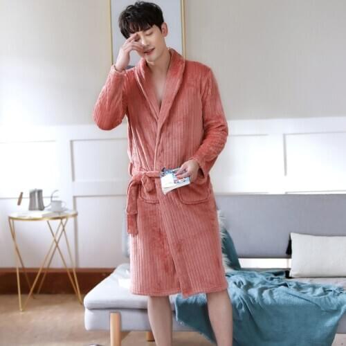 Men Winter Thicken Warm Long Flannel Bathrobe Soft Comfortable Bath Robe Kimono Robes Dressing Gown Night Sleepwear Homewear