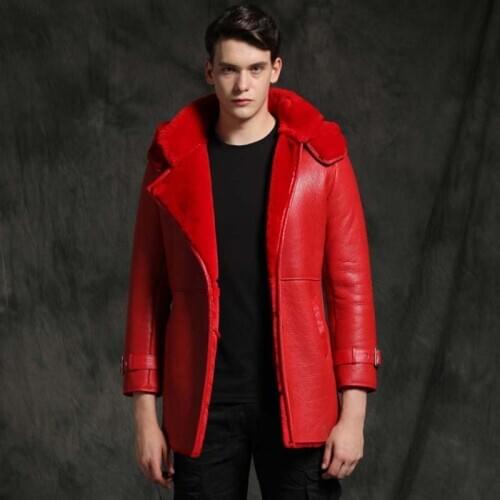 New Shearling Coat Mens Black Leather Jacket Long Fur Outerwear Hooded Casual Overcoat