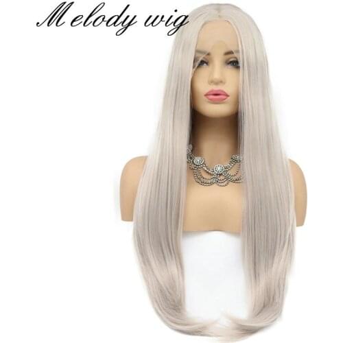 Natural Hairline Ash Blonde/Gray/Blonde/Green/Black/Copper Red Pre Plucked Long Soft Straight Synthetic Lace Front Wig for Women