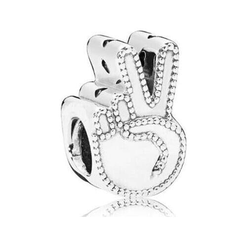 Genuine 925 Sterling Silver Bead Charm Textural Beaded The Victory Hand Symbol Of Peace Beads Fit Pan Bracelet & Necklace