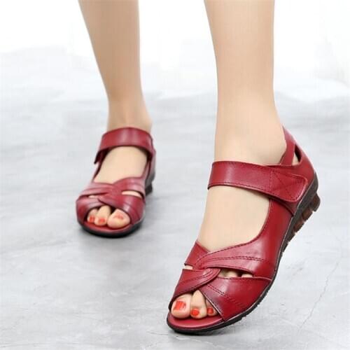 Genuine Leather Women Shoes Summer Flat Sandals Solid Female Wedges Sandal Mother Shoes Comfortable Womens Shoes