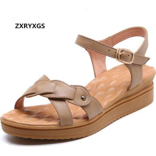 2019 New Summer Womens Sandals Comfortable Soft Bottom Simple Casual Sandals Ladies Shoes Flat Wedges Genuine Leather Sandals