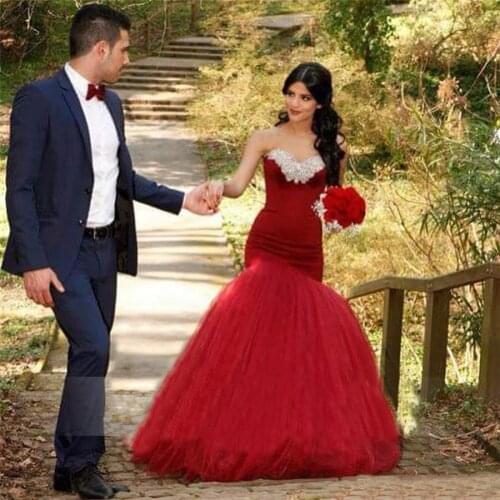Sexy Mermaid Red Beading Prom Gowns Party Tulle Hot Dresses Evening Wear Sweetheart Crystal Beaded Mermaid African Dress