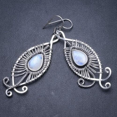 Natural Rainbow Moonstone Handmade Unique 925 Sterling Silver Earrings 2 3/4" Y2122