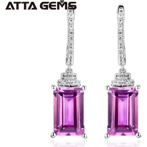 Purple Sapphire Real Sterling Silver Drop Earring Baguette Cut 6.4 Carats Created Sapphire Rare Purple Color Classic Jewelry